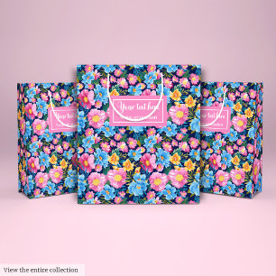 Moyen Sac cadeau d'anniversaire rose pastel et bleu flor