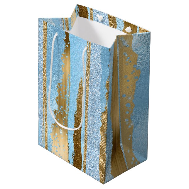 Moyen Sac cadeau de fantaisie bleu et or (Devant Angle)