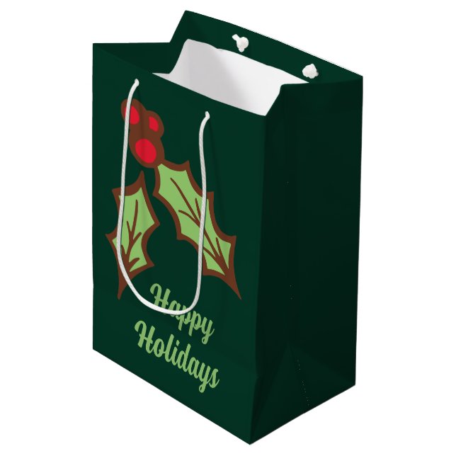 Moyen Sac cadeau de Noël avec houx vert (Devant Angle)