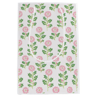 Moyen Sac Cadeau de Noël Rose Marguerite et Houx Blanc