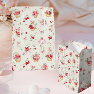 Moyen Sac Cadeau Floral Sucré aux Cerises   Rose Élégant