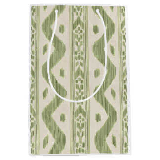 Moyen Sac cadeau Ikat vert et crème, rayure tissée