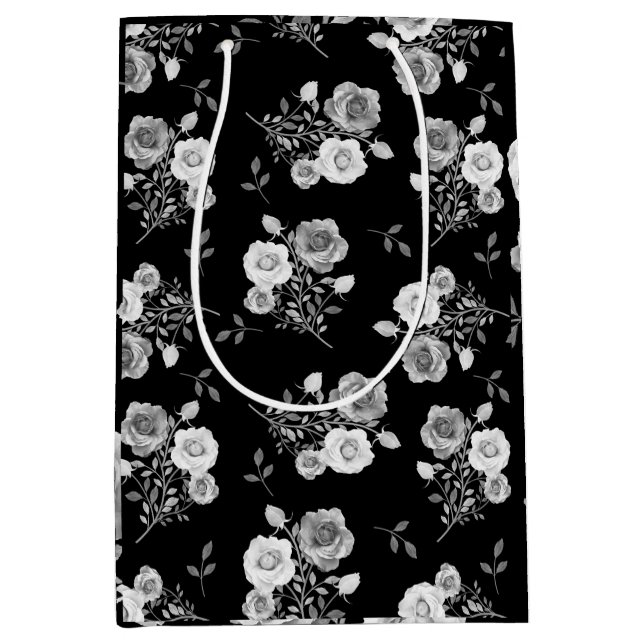 Moyen Sac cadeau mariage de roses noir et blanc (Devant)