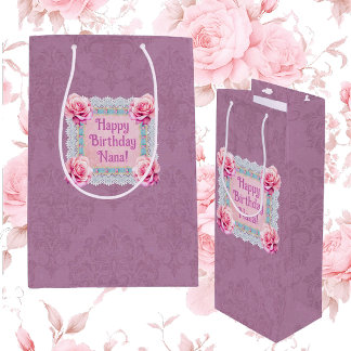 Moyen Sac cadeau personnalisé en roses mauves dentelle d