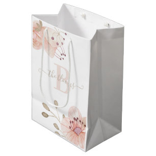Moyen Sac cadeau photo aquarelle fleurs pêche monogrammé