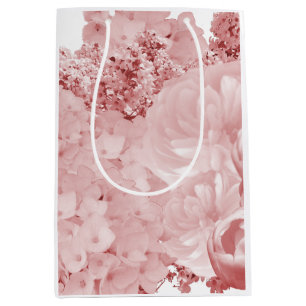 Moyen Sac cadeau rose pâle à fleurs moyennes