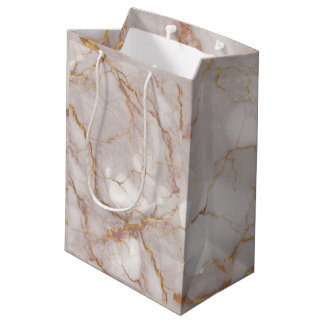 Moyen Sac cadeau texture en marbre blanc et or