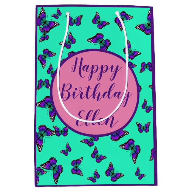 Moyen Sac Cadeau Turquoise Avec Papillons Violets (Devant)