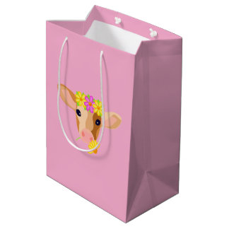Moyen Sac de cadeau de veau mignon sur fond rose