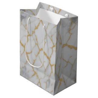 Moyen Sac en papier cadeau Marbre Blanc & Veines d'Or |