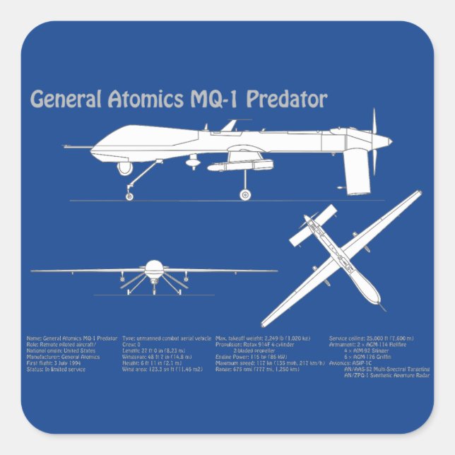 MQ-1 Predator UAV - Flugzeug-Blueprint ABD Quadratischer Aufkleber (Vorderseite)