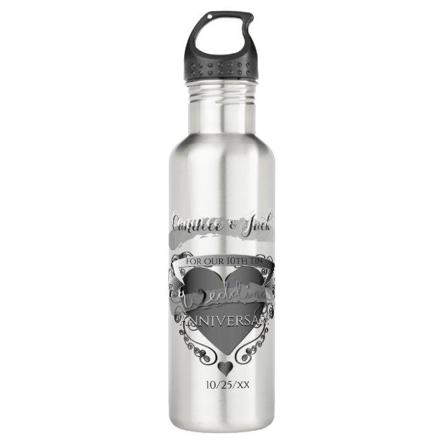 Mr."10 th Tin Wedding Anniversary" 3DHerart Emblem Edelstahlflasche (Vorderseite)