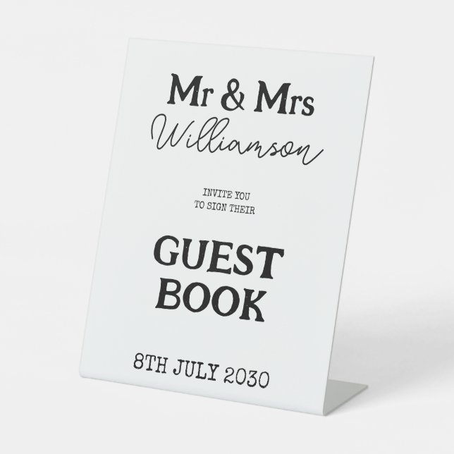 Mr. And Mrs Black and White Wedding Guest Book Sockelschild (Vorderseite)