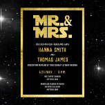 Mr. and Mrs Black Gold Sci Fi Theme Wedding Einladung<br><div class="desc">Erhöhen Sie Ihre Hochzeitsankündigung mit unserer gefalteten Einladung Mr. und Mrs., personalisiert mit Namen und Datum, alles in einem faszinierenden sci-fi-Schriftart. Diese Einladungen sind perfekt gestaltet und strahlen kosmische Eleganz aus und setzen den Ton für ein futuristisches Fest der Liebe. Beeindrucken Sie Ihre Gäste mit dieser einzigartigen Mischung aus Tradition...</div>