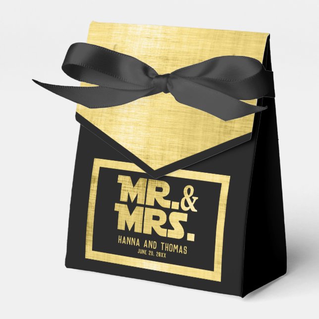 Mr. and Mrs Black Gold Sci Fi Theme Wedding Geschenkschachtel (Vorderseite)