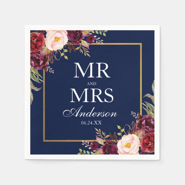 Mr. and Mrs Burgundy Floral Blue Gold Wedding Serviette (Vorderseite)
