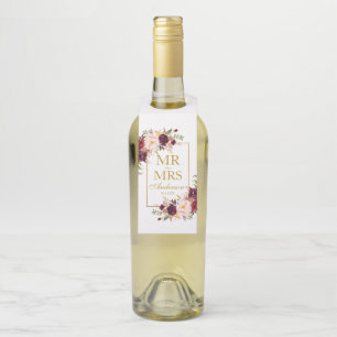 Mr. and Mrs Burgundy Floral Gold Wedding Flaschenanhänger