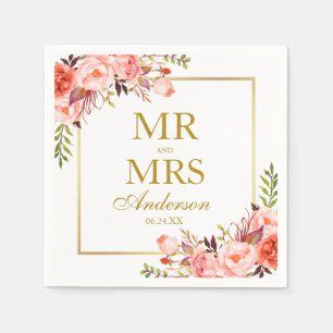 Mr. and Mrs Coral Floral Gold Wedding Serviette