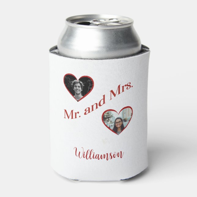 Mr. and Mrs. Custom Last Name Photo Double Hearts  Dosenkühler (Kanne Vorderseite)