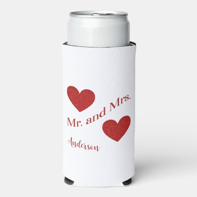 Mr. and Mrs Custom Surname Double Hearts Date Selters Dosenkühler (Seltzer Vorderseite)