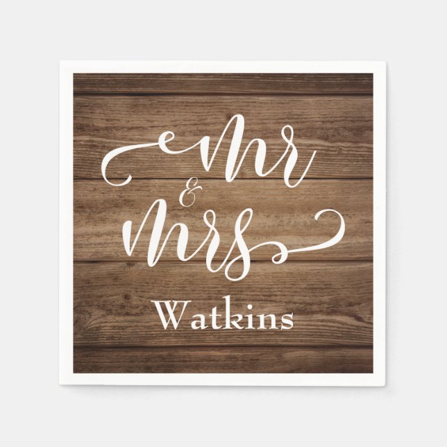 "Mr. and Mrs." Elegante weiße Schrift über Rustika Serviette (Vorderseite)