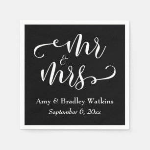 "Mr. and Mrs." Elegantes weißes Skript auf Black W Serviette