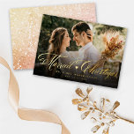 Mr And Mrs First Married Christmas Photo Wedding Folien Feiertagskarte<br><div class="desc">This modern and elegant real foil pressed holiday/christmas wedding announcement card features the word 'Married Christmas' in a classy flourish script calligraphy overlaying a full bleed photo. The back of the card has a faux silver / platinum glitter image (with a color filter applied) background with white snow dots pattern....</div>