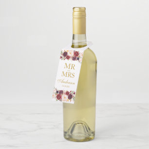 Mr. and Mrs Gold Burgundy Floral Wedding Flaschenanhänger