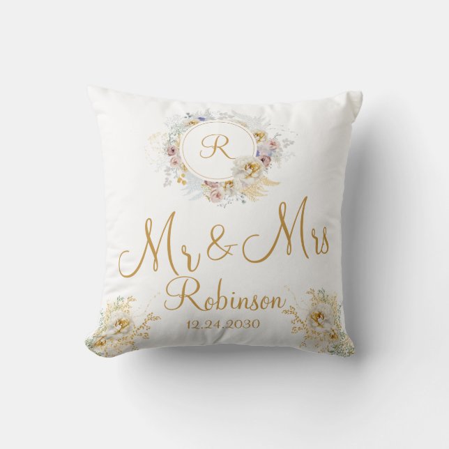 Mr. and Mrs. Gold Floral Monogram Logokissen Kissen (Vorderseite)