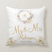 Mr. and Mrs. Gold Floral Monogram Logokissen