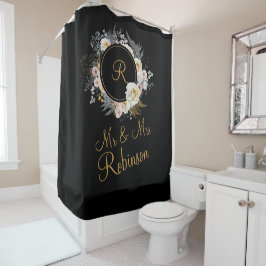 Mr. and Mrs. Gold Floral on Black Monogram Wedding Duschvorhang