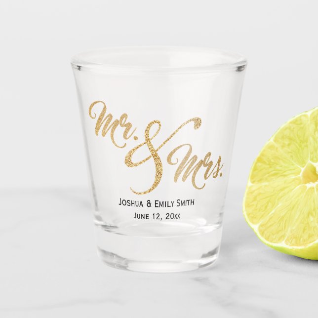 Mr. and Mrs Gold Glitzer Gastgeschenk Hochzeit Gif Schnapsglas (Vorderseite)