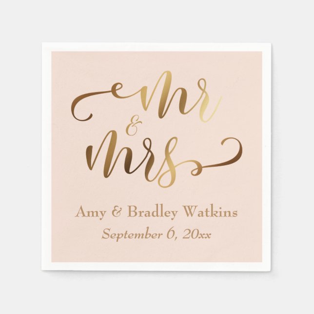 "Mr. and Mrs." Imitats Gold Foil Script auf Blush  Serviette (Vorderseite)