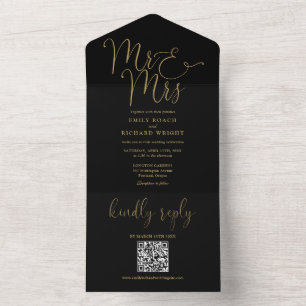 Mr. and Mrs Modern QR Code Black and Gold Wedding All In One Einladung