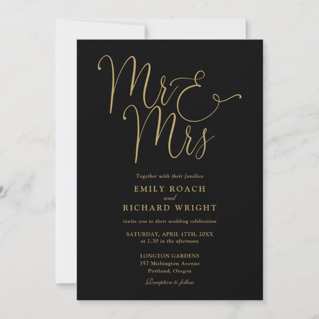 Mr. and Mrs Modern QR Code Black and Gold Wedding Einladung (Vorderseite)