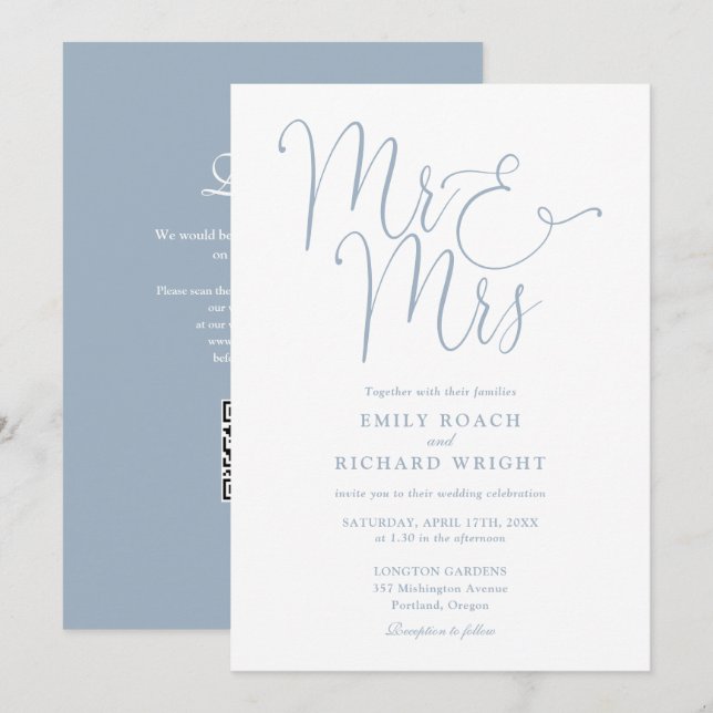 Mr. and Mrs Modern QR Code Dusty Blue Wedding Einladung (Vorne/Hinten)
