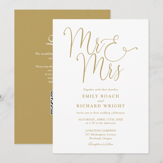 Mr. and Mrs Modern QR Code Gold Wedding Einladung (Vorne/Hinten)
