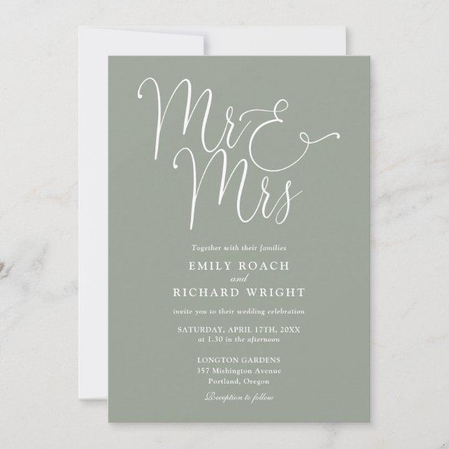 Mr. and Mrs Modern QR Code Sage Green Wedding Einladung (Vorderseite)
