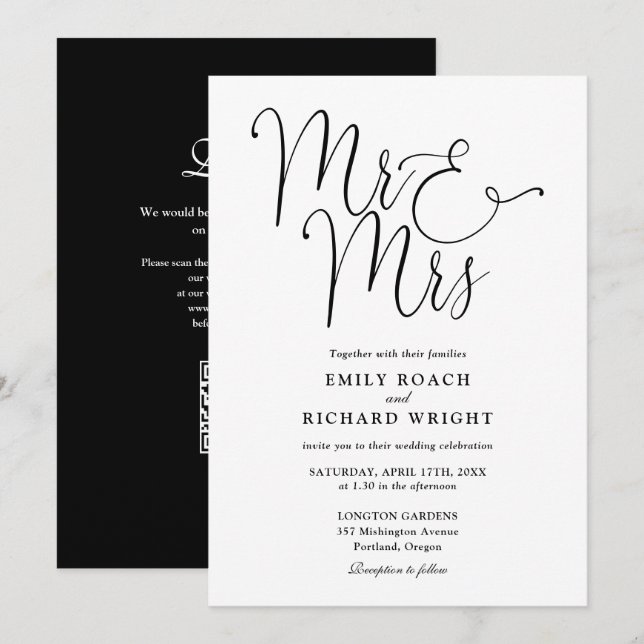 Mr. and Mrs. Modern QR Code Schwarz-Weiß Hochzeit Einladung (Vorne/Hinten)