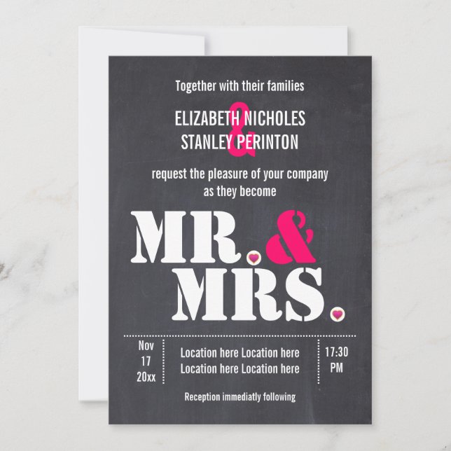 Mr. and Mrs Modern typography black pink wedding Einladung (Vorderseite)