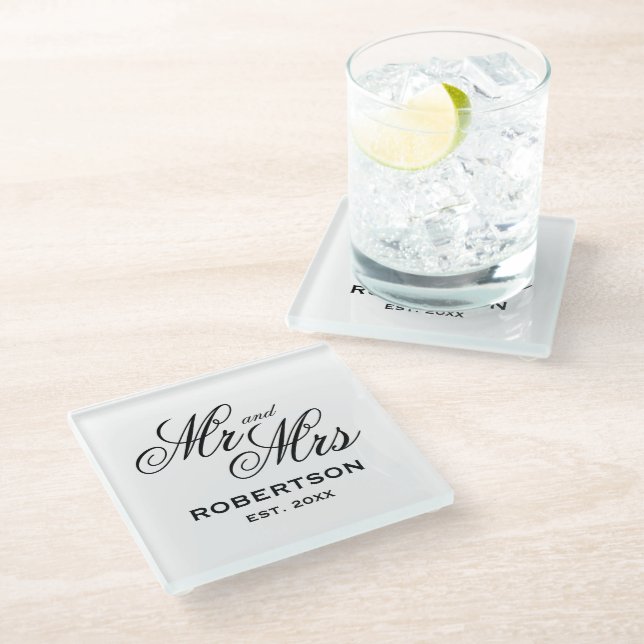 Mr. and Mrs. newlyweds Custom Glass Untersetzer (Schrägansicht)
