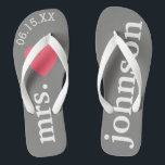 Mr. and Mrs. Personalisiert Honeymoon with Heart Flip Flops<br><div class="desc">Ein perfektes Design für eine Hochzeit am Strand oder für die Hochzeitsreise. Ändern Sie die Frau zu Herrn,  um ein Koordinierungspaar zu machen.</div>
