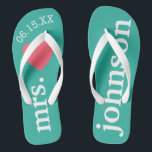 Mr. and Mrs. Personalisiert Honeymoon with Heart Flip Flops<br><div class="desc">Ein perfektes Design für eine Hochzeit am Strand oder für die Hochzeitsreise. Ändern Sie die Frau zu Herrn,  um ein Koordinierungspaar zu machen.</div>