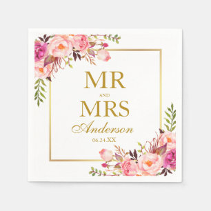 Mr. and Mrs. Pink Blush Floral Gold Wedding Serviette