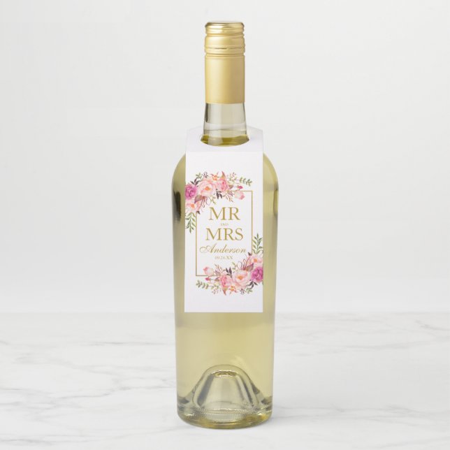 Mr. and Mrs. Pink Floral Gold Wedding Flaschenanhänger (Auf Flasche)