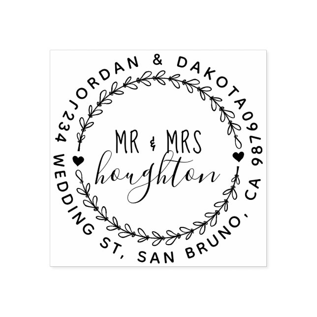 Mr. and Mrs. Script Wedding Wreath Rücksendeadress Gummistempel (Prägung)