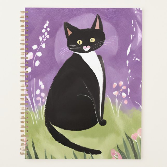 Mr. Chonk | Tuxedo Cat Purple Watercolor Planer (Vorderseite)