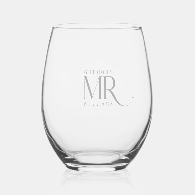 MR, Elegant Light Gray Typografy Weinglas Ohne Stiel (Vorderseite)