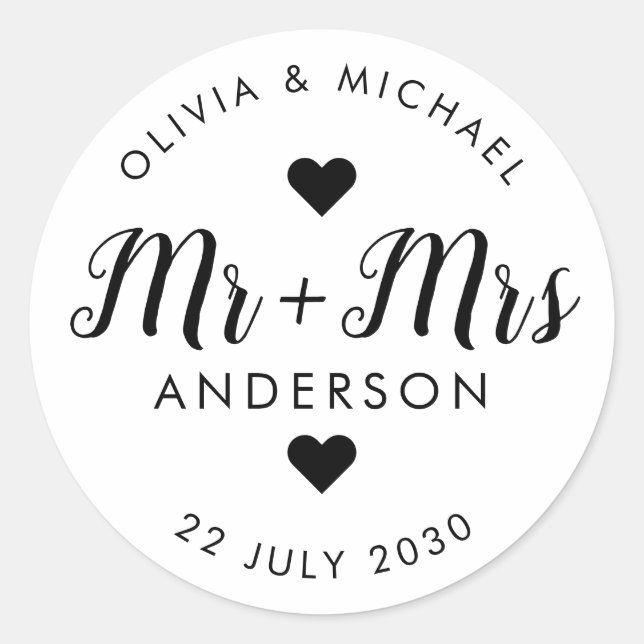 Mr. Last Name Script Wedding Party Gefallen Runder Aufkleber (Vorderseite)