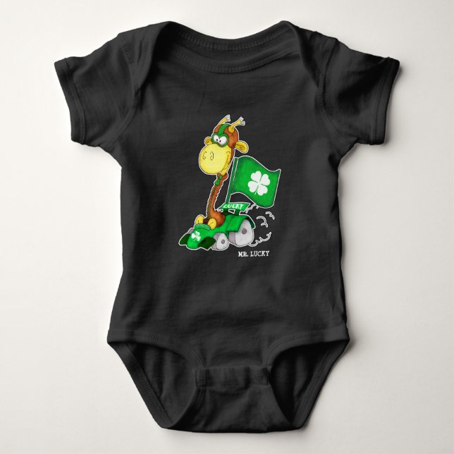 Mr. Lucky. Funny Giraffe St.Patrick's Day Baby Strampler (Vorderseite)